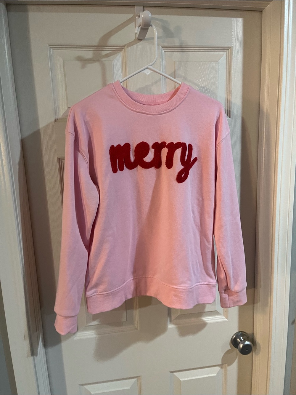 Panache Pink Crewneck Sweater with Red 'merry' Applique